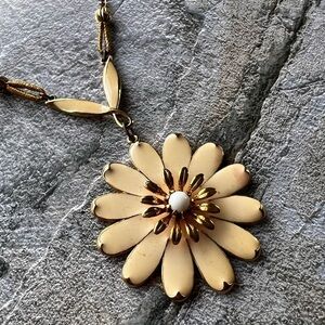 Gold Enamel Daisy Pendant Necklace